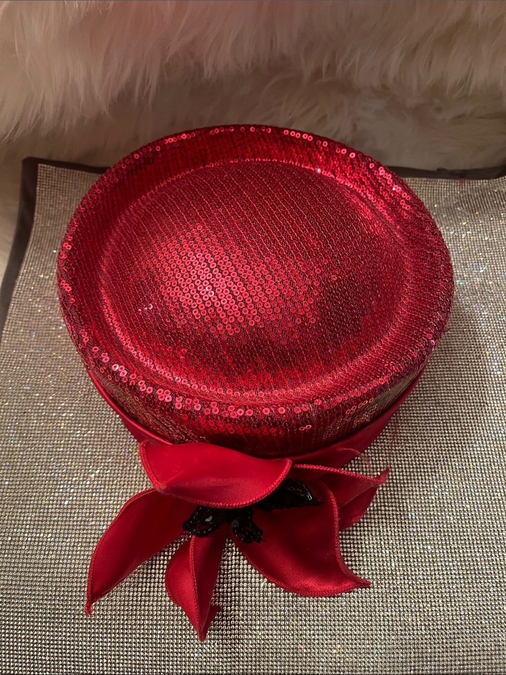 Pink Sequin Pillbox Hat with Satin Flower Accent - Women's Accessories